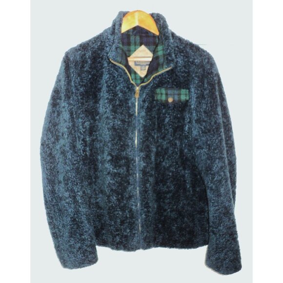 PENDLETON Teal Sherpa FLEECE JACKET Plaid WOOL Collar Pocket Full Zip Women's L - Picture 1 of 6